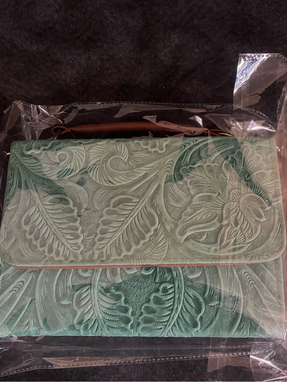 Teal Embossed Floral Leather Crossbody Bag